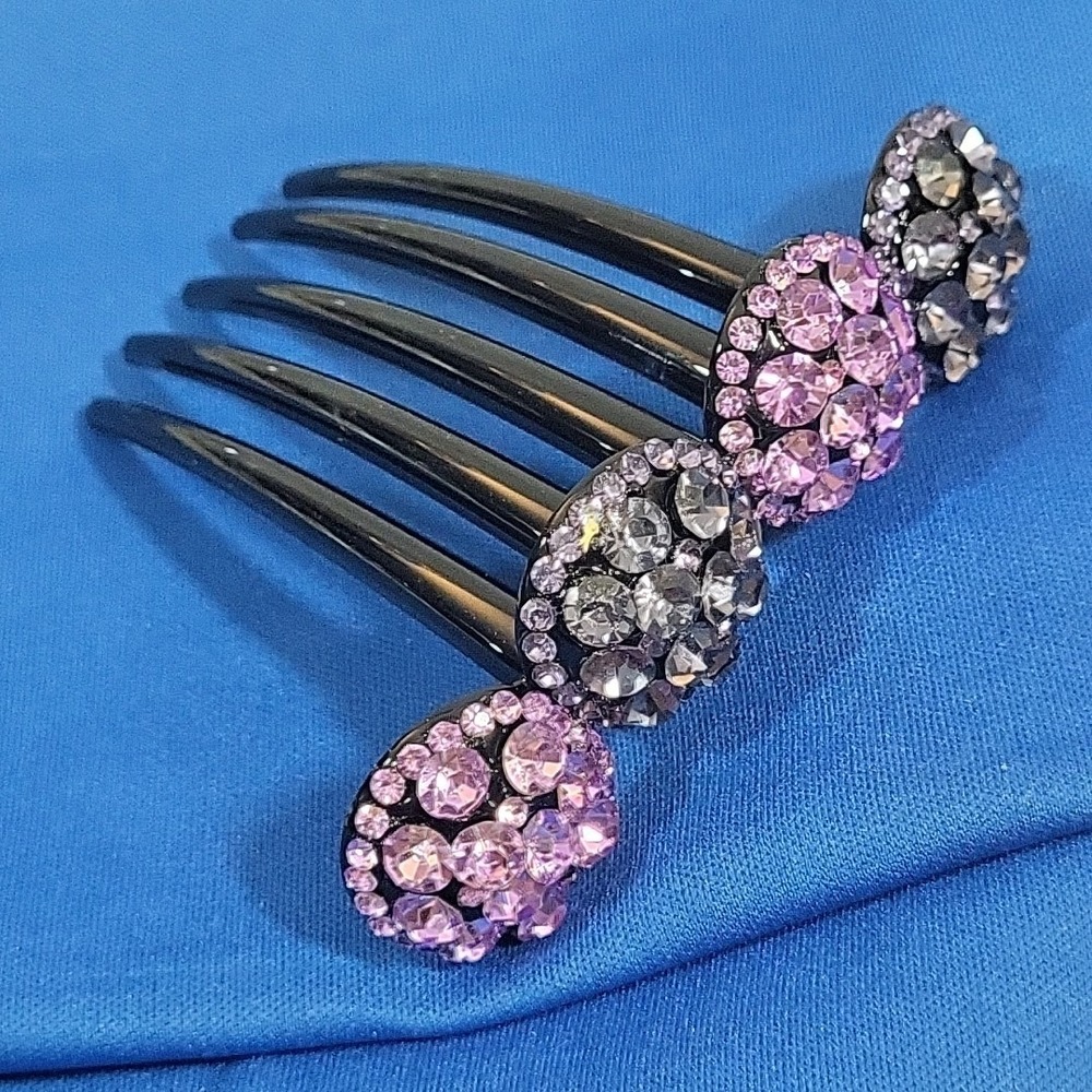 Pink Rhinestone Hair Comb Pin Non-Slip Wide Tooth Bun Pick Clip